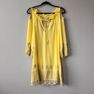 Plenty by Tracey‎ Reese Yellow Silk Cold Shoulder Dress Embroidered Size M